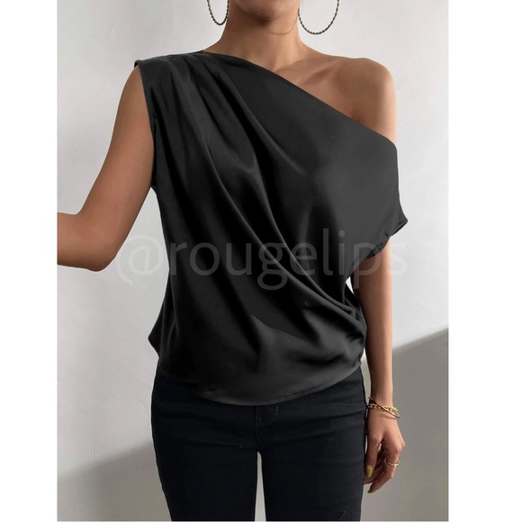 Black Satin Draped Asymmetrical Blouse Top - Picture 4 of 12